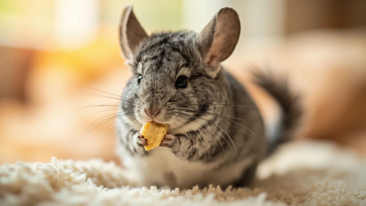 Chinchilla eating a small piece of banana treat