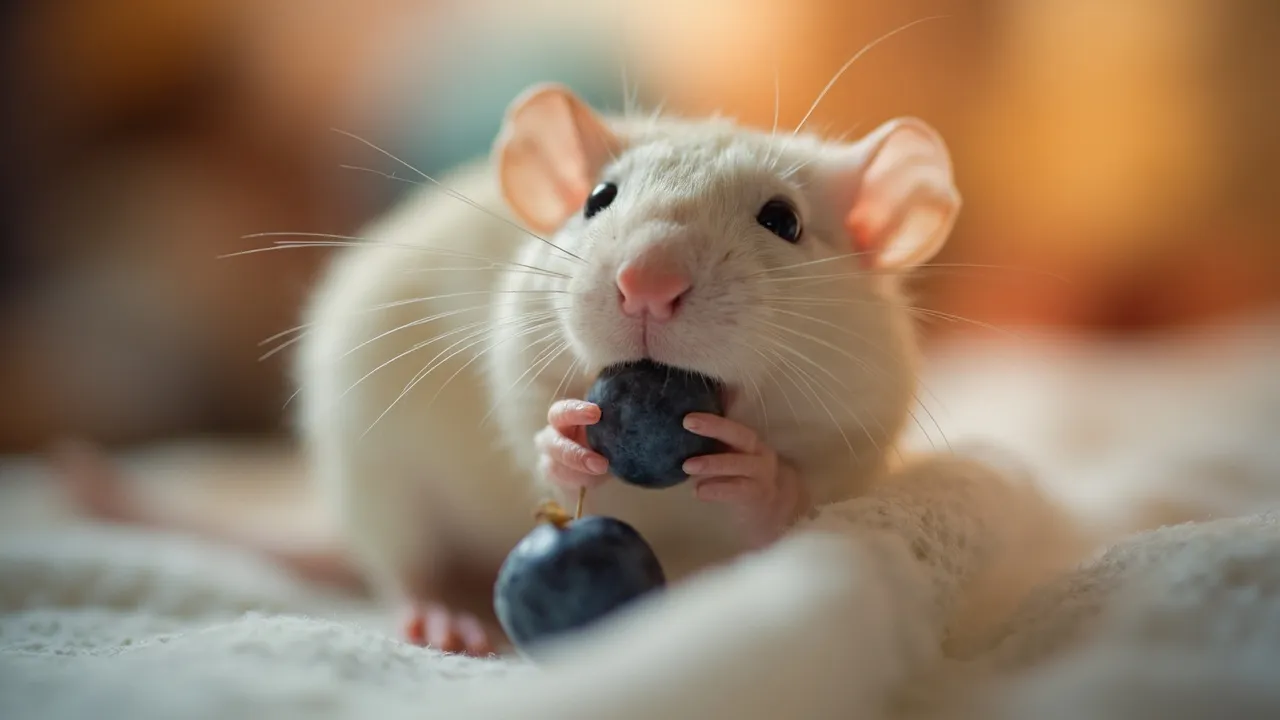 Fancy rat eating a blueberry as a healthy treat