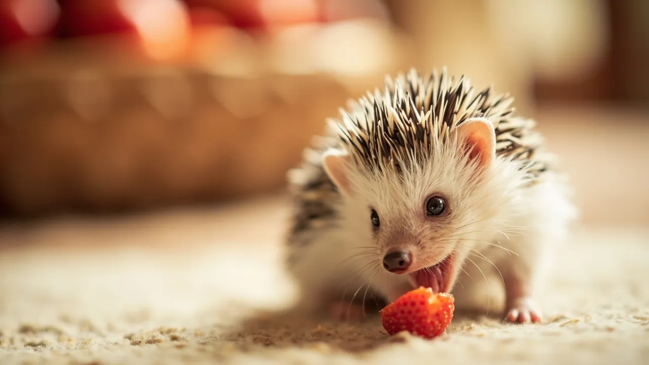 Hedgehog Eating a Small Strawberry Slice